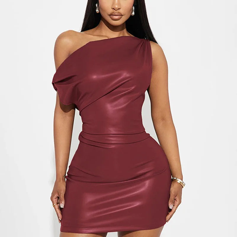 RNSHANGER Elegant Sexy Inclined Shoulder Dress Casual Pu Leather Ruched Bodycon Ladies Mini Dress for Club