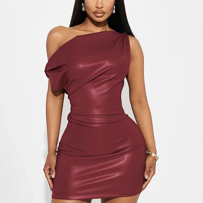 RNSHANGER Elegant Sexy Inclined Shoulder Dress Casual Pu Leather Ruched Bodycon Ladies Mini Dress for Club
