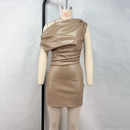 RNSHANGER Elegant Sexy Inclined Shoulder Dress Casual Pu Leather Ruched Bodycon Ladies Mini Dress for Club