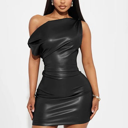RNSHANGER Elegant Sexy Inclined Shoulder Dress Casual Pu Leather Ruched Bodycon Ladies Mini Dress for Club