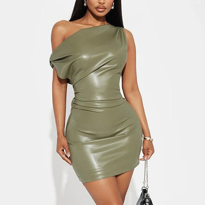 RNSHANGER Elegant Sexy Inclined Shoulder Dress Casual Pu Leather Ruched Bodycon Ladies Mini Dress for Club