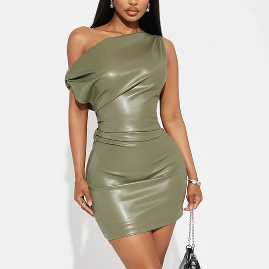 RNSHANGER Elegant Sexy Inclined Shoulder Dress Casual Pu Leather Ruched Bodycon Ladies Mini Dress for Club