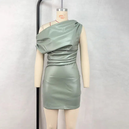 RNSHANGER Elegant Sexy Inclined Shoulder Dress Casual Pu Leather Ruched Bodycon Ladies Mini Dress for Club