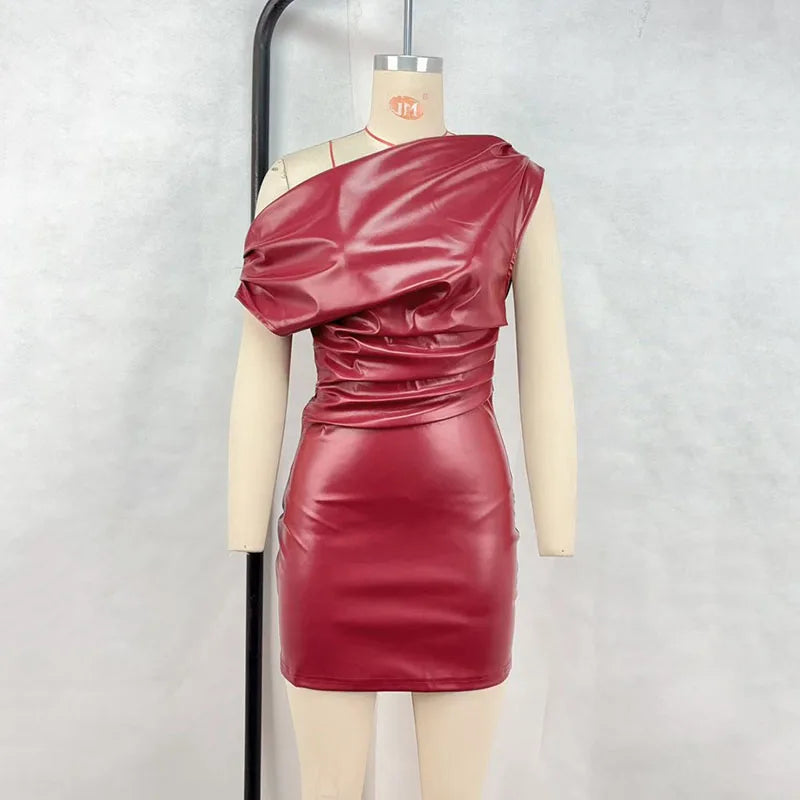 RNSHANGER Elegant Sexy Inclined Shoulder Dress Casual Pu Leather Ruched Bodycon Ladies Mini Dress for Club