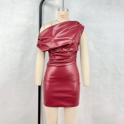 RNSHANGER Elegant Sexy Inclined Shoulder Dress Casual Pu Leather Ruched Bodycon Ladies Mini Dress for Club