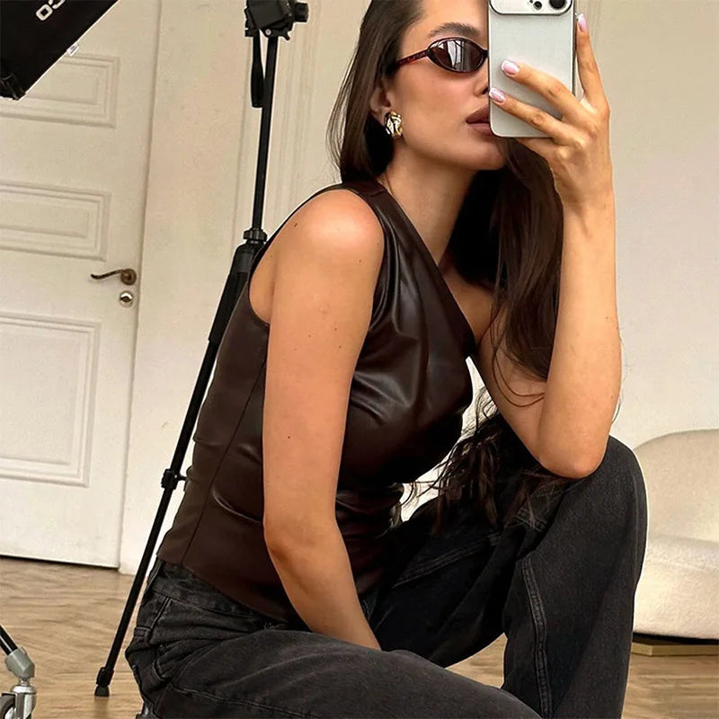 2024 Fall Snd Winter New Pure Color Slim Sleeveless One-Shoulder Slanting Collar Zipper Show Thin Jacket