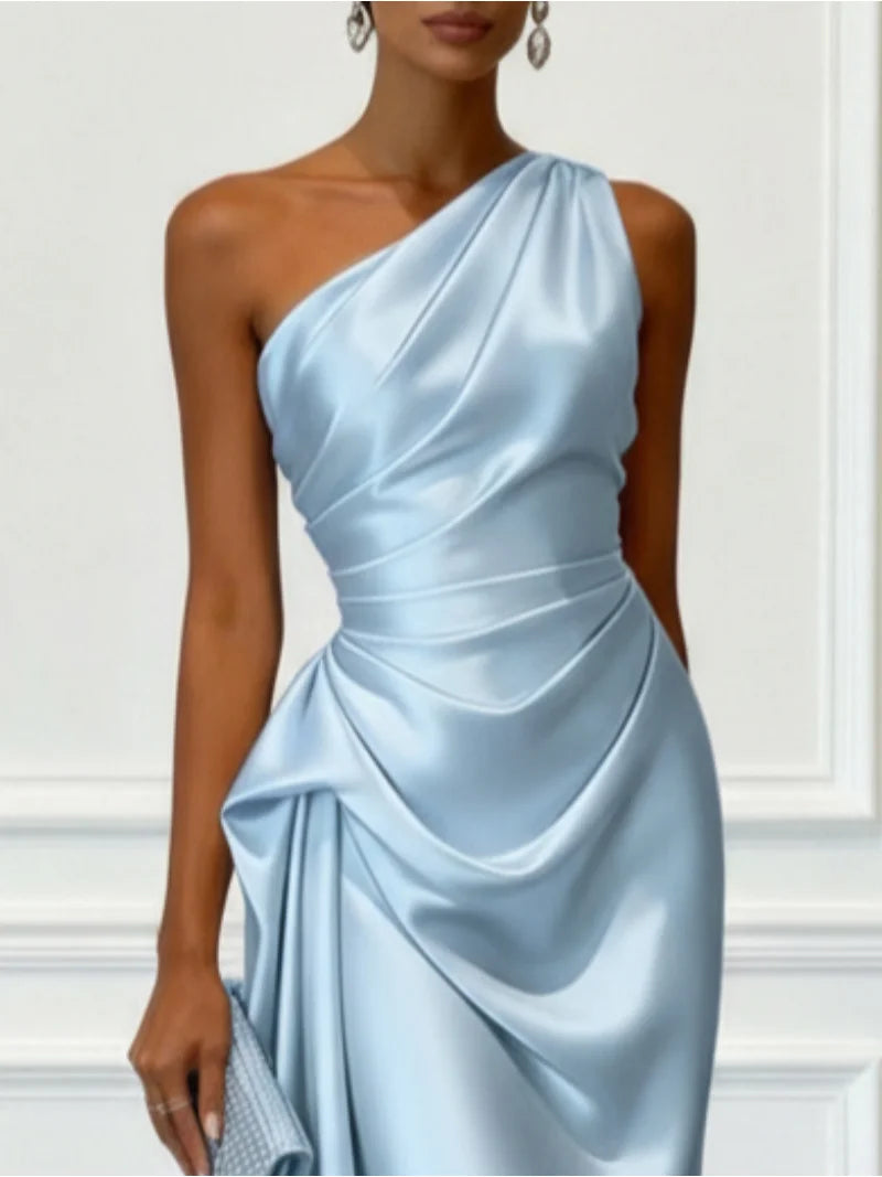 One Shoulder Satin Midi Dress With Ruched Waist Elegant Sleeveless Party Gown