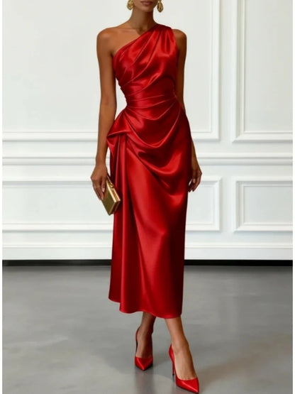 One Shoulder Satin Midi Dress With Ruched Waist Elegant Sleeveless Party Gown