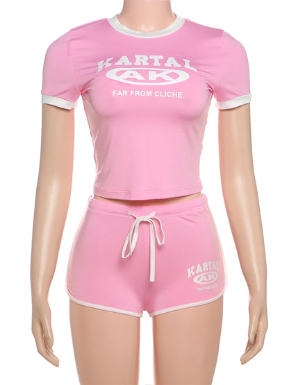 Two Piece Tracksuit Crop Top Biker Shorts Set